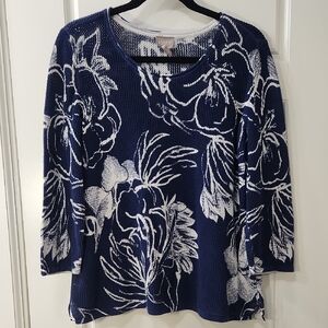 Chico's Navy and White Floral Long Sleeve Waffle Weave Cotton Sweater Large